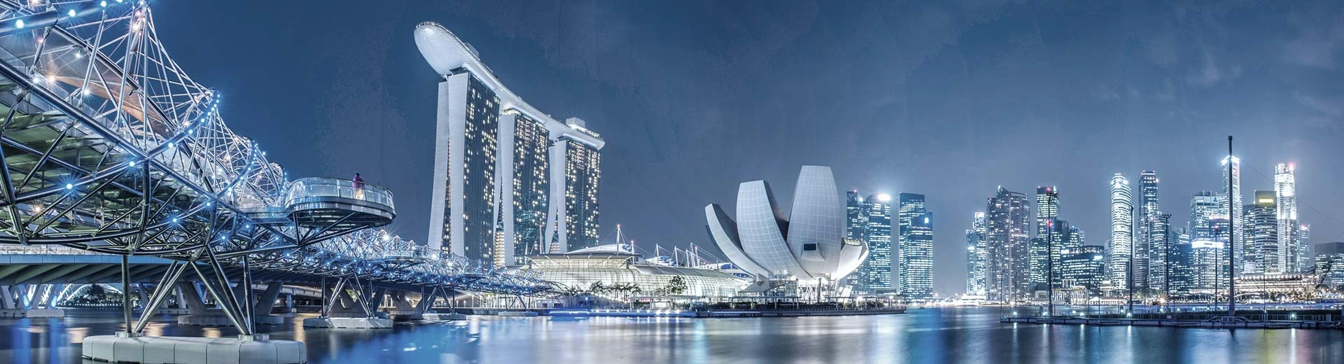 The modern metropolis of Singapore at night, with enormous skyscrapers and bridges lighting up the sky.