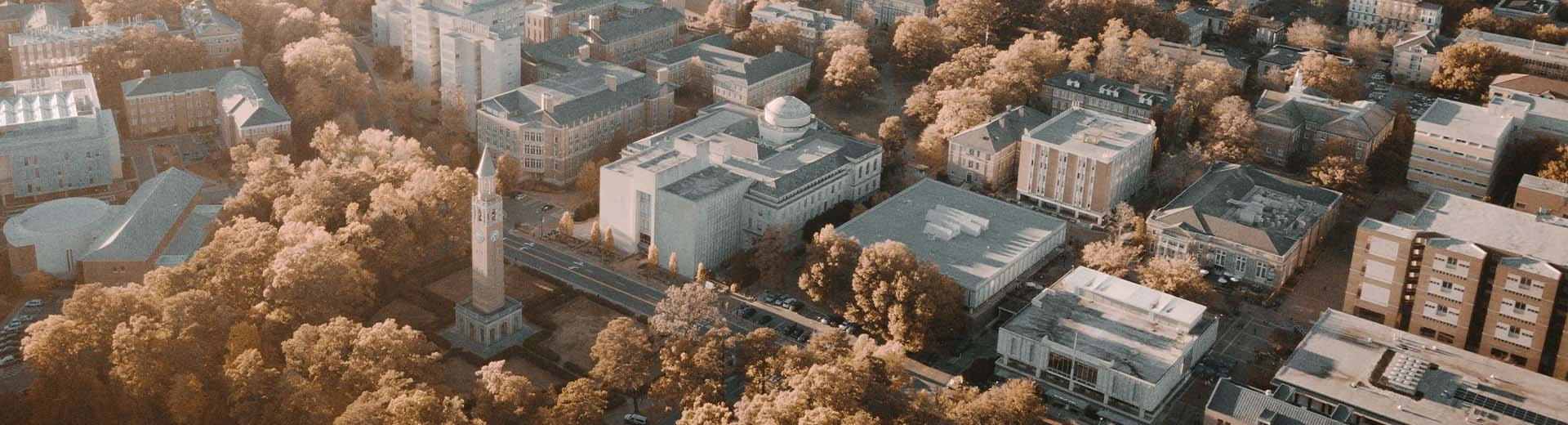 An aerial view of Chapel Hill, featuring residential buildings and a wooded square.