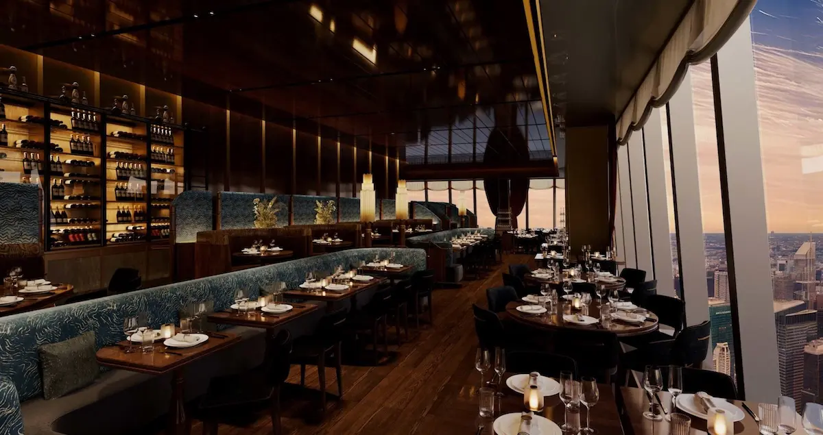 Interior shot of the private dining room in the Peak with Priceless restaurant on the Edge building in Hudson Yards, with the NYC skyline in the background.