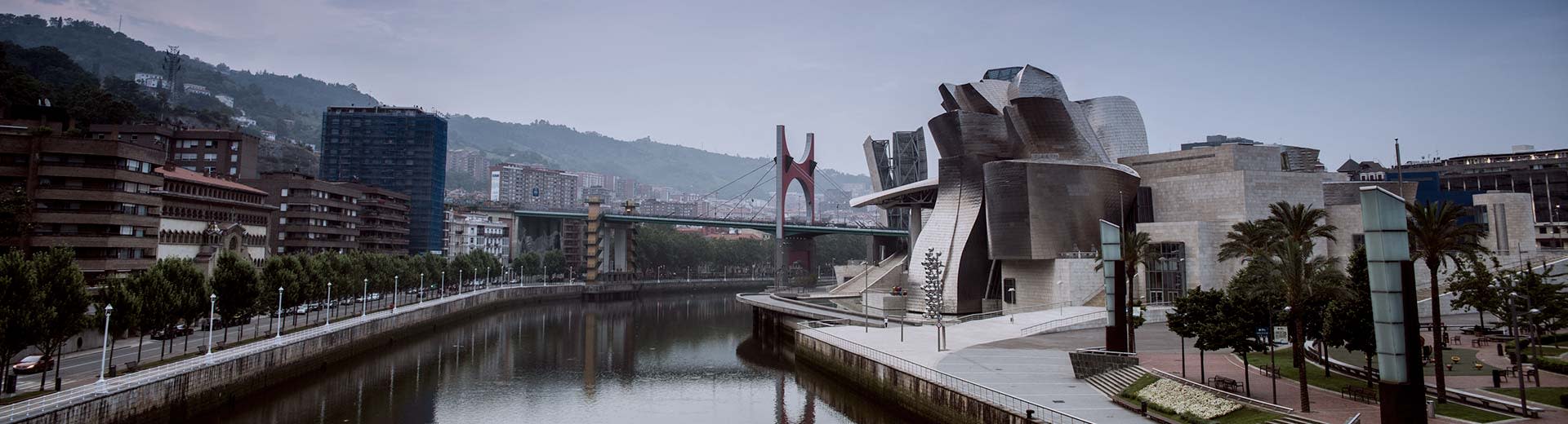 A calm Nervion river in Basel with buildings on either side. A view of the forest in the background and a bridge.