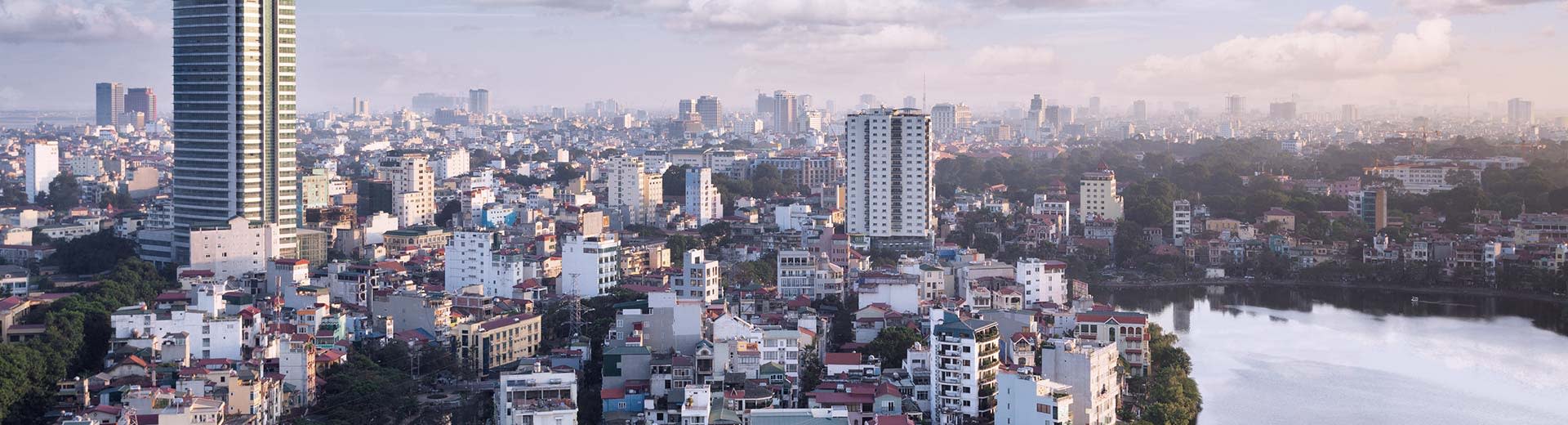 The varied and interesting cityscape of Hanoi in the early morning sun.