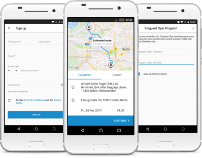 Screenshot of blacklane.com from three smartphones