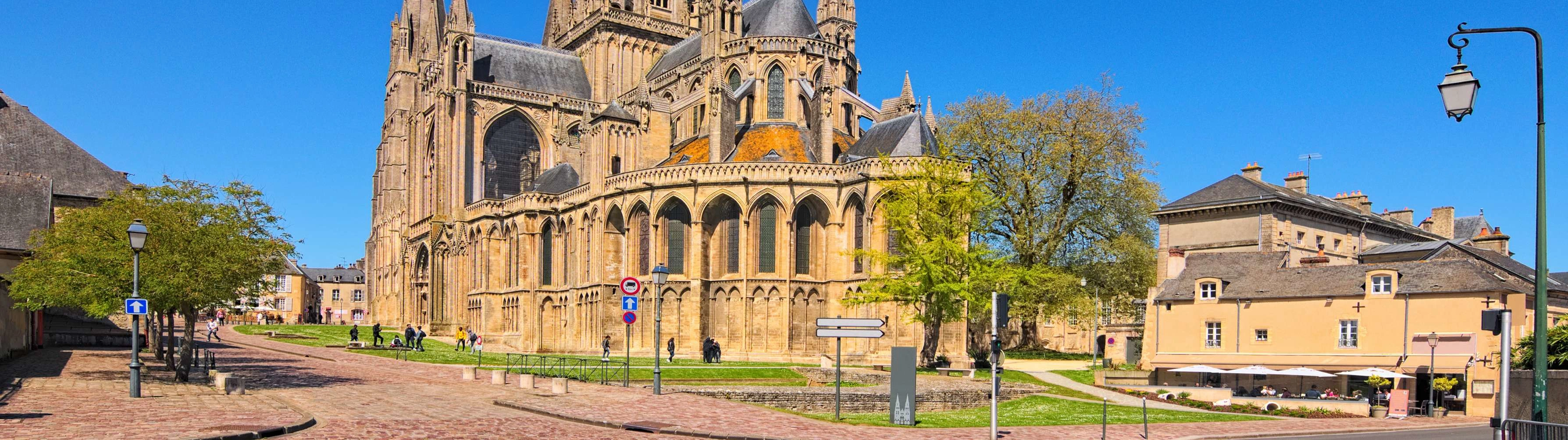 A historic church on a beautiful, clear day in Bayeux.