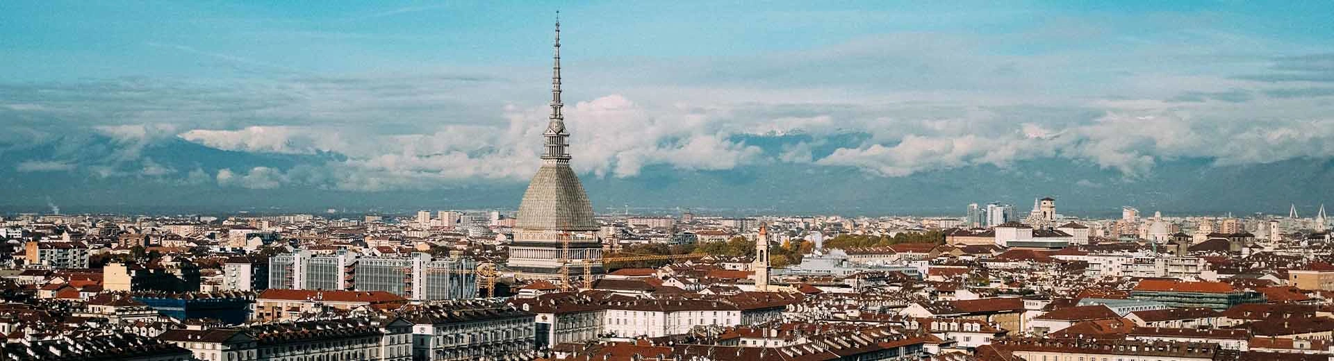 Beautiful city of Turin on a clear summer's day. Cathedrals and church spires are abundant.