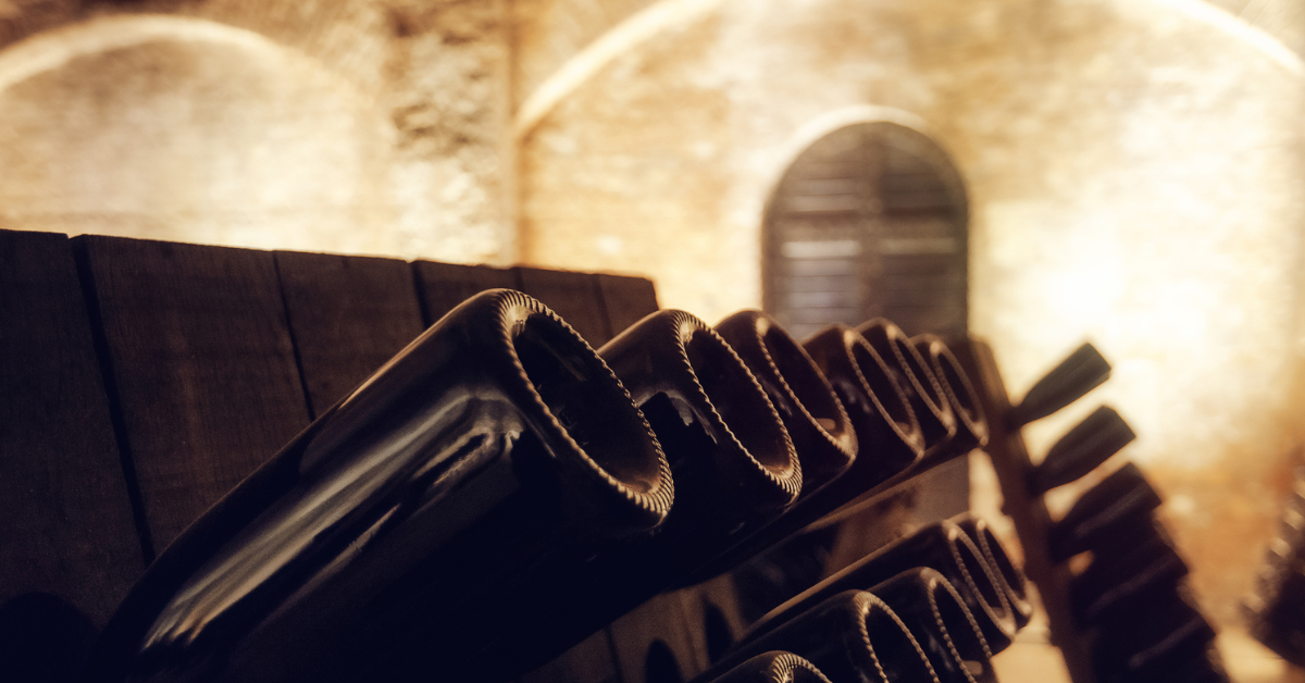Bottles in an aged wine cellar