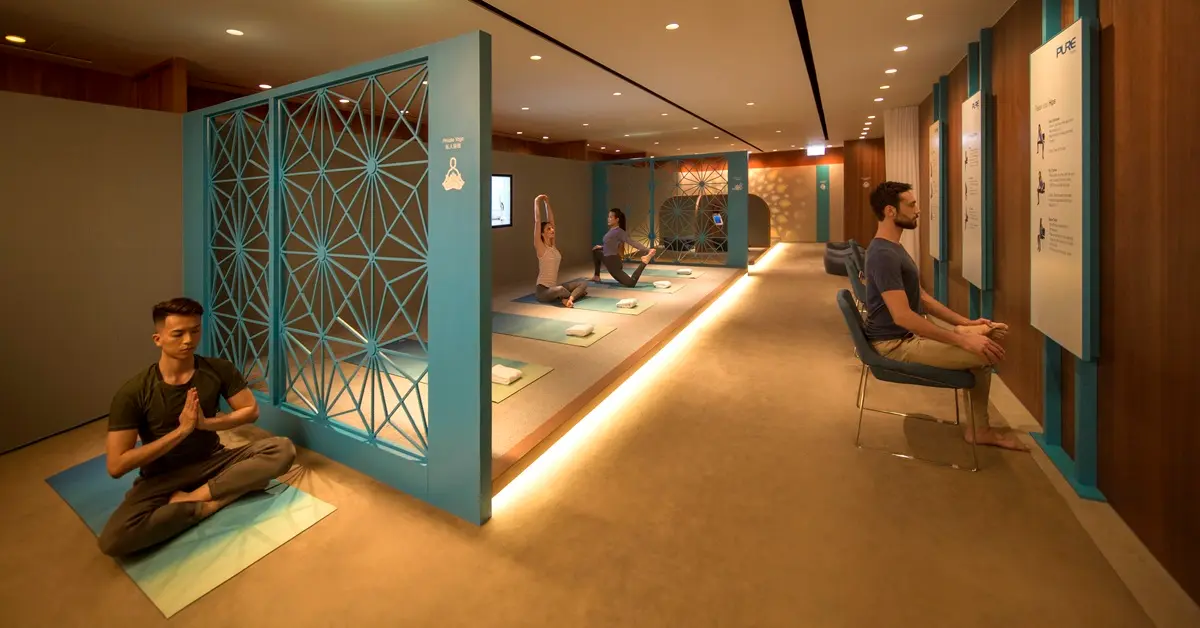 A shot of The Sanctuary, the yoga and meditation room in Cathay Pacific's The Pier luxury airport lounge in Hong Kong.