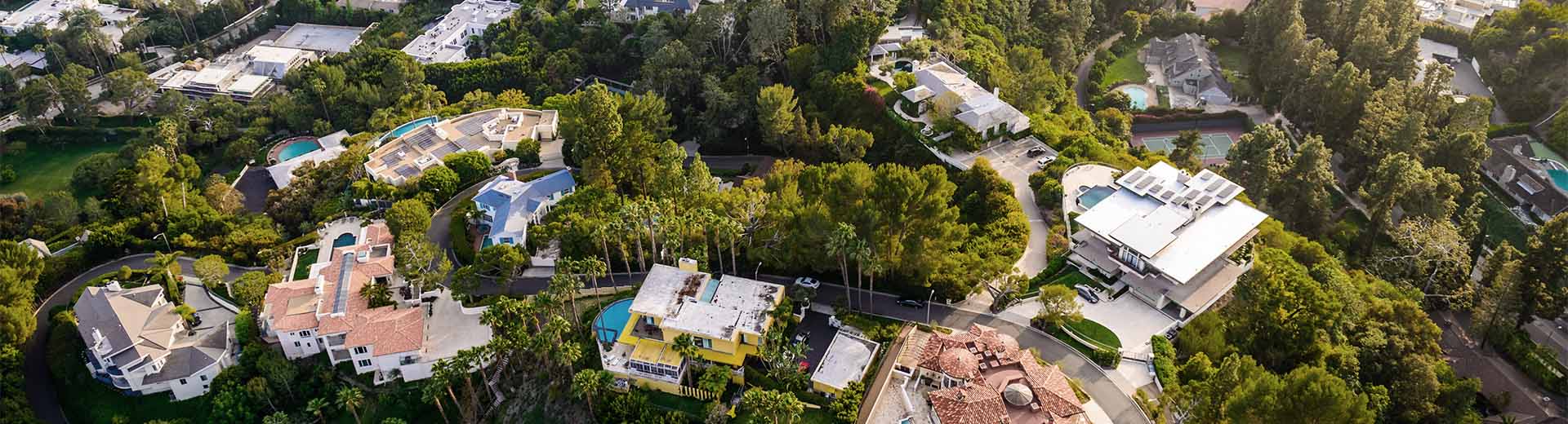 Aerial view of Beverly Hills, with mansions and large green gardens.