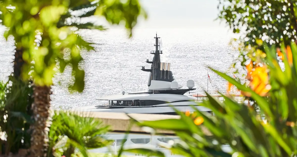 Shot of a superyacht in Monte Carlo visible through palm fronds, with the Mediterranean Sea in the background.