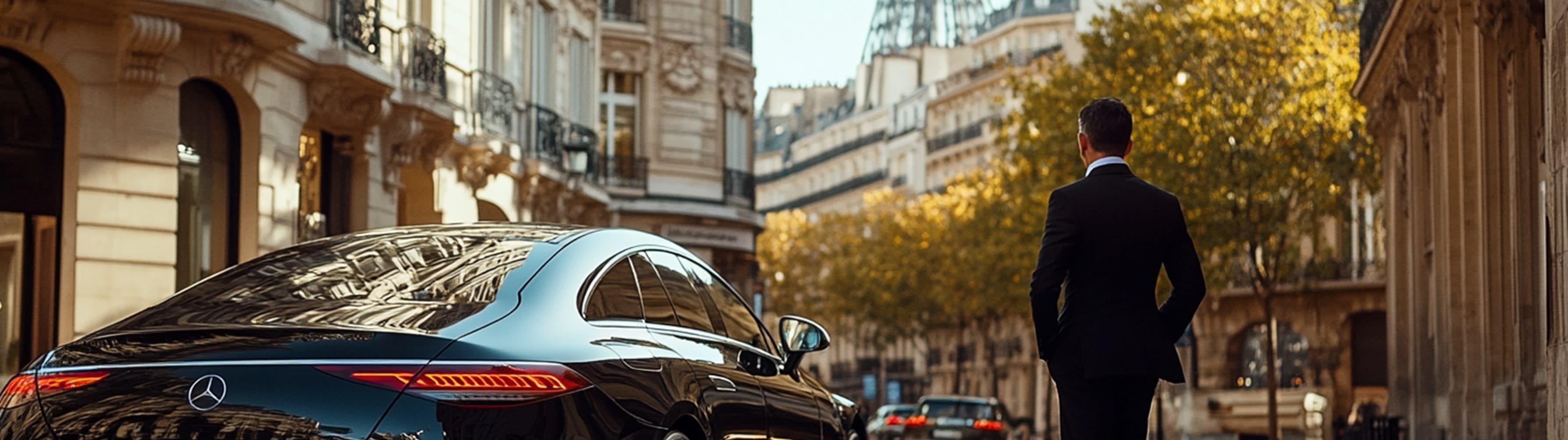 Chauffeur standing outside of his car on a street in Paris.
