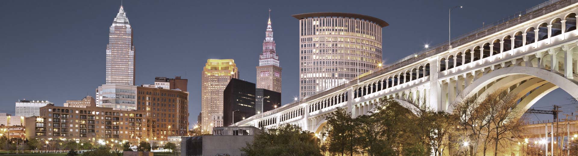 The distinctive skyline of Cleveland lights up the night sky