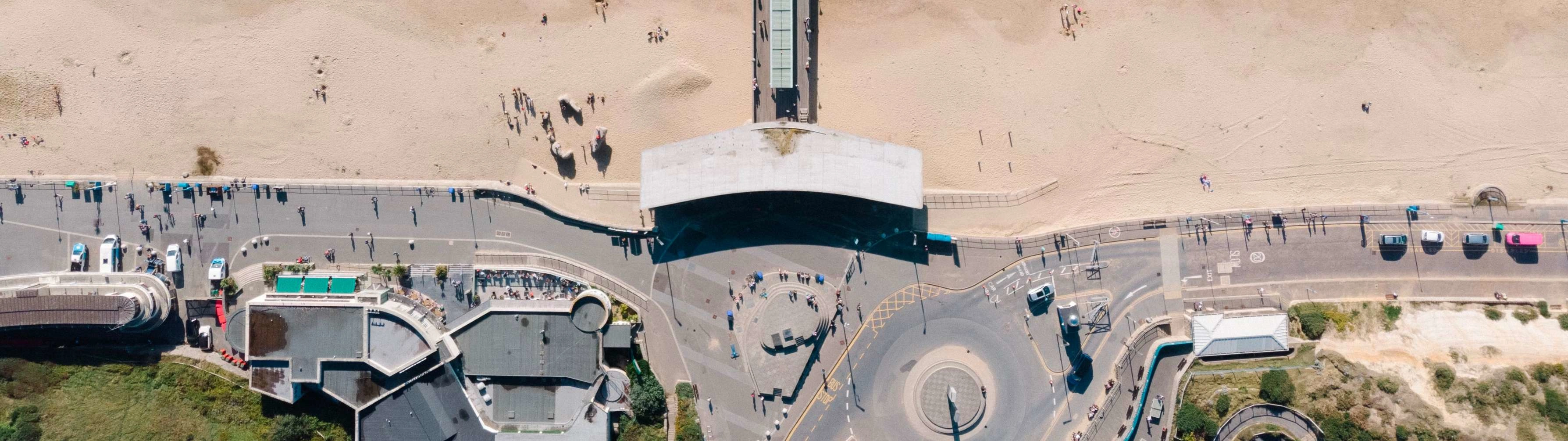 An aerial view of the sandy, pale beaches of Bournemouth.
