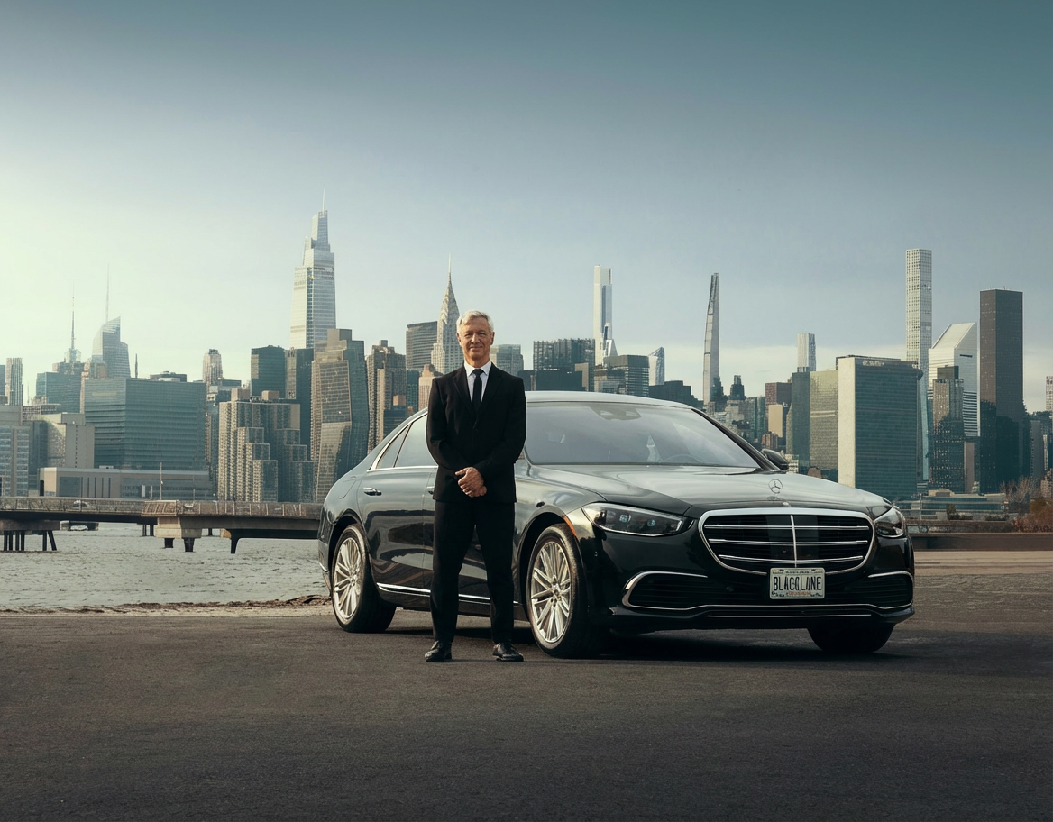 Chauffeur standing in front of NYC skyline alongside a blacklane car