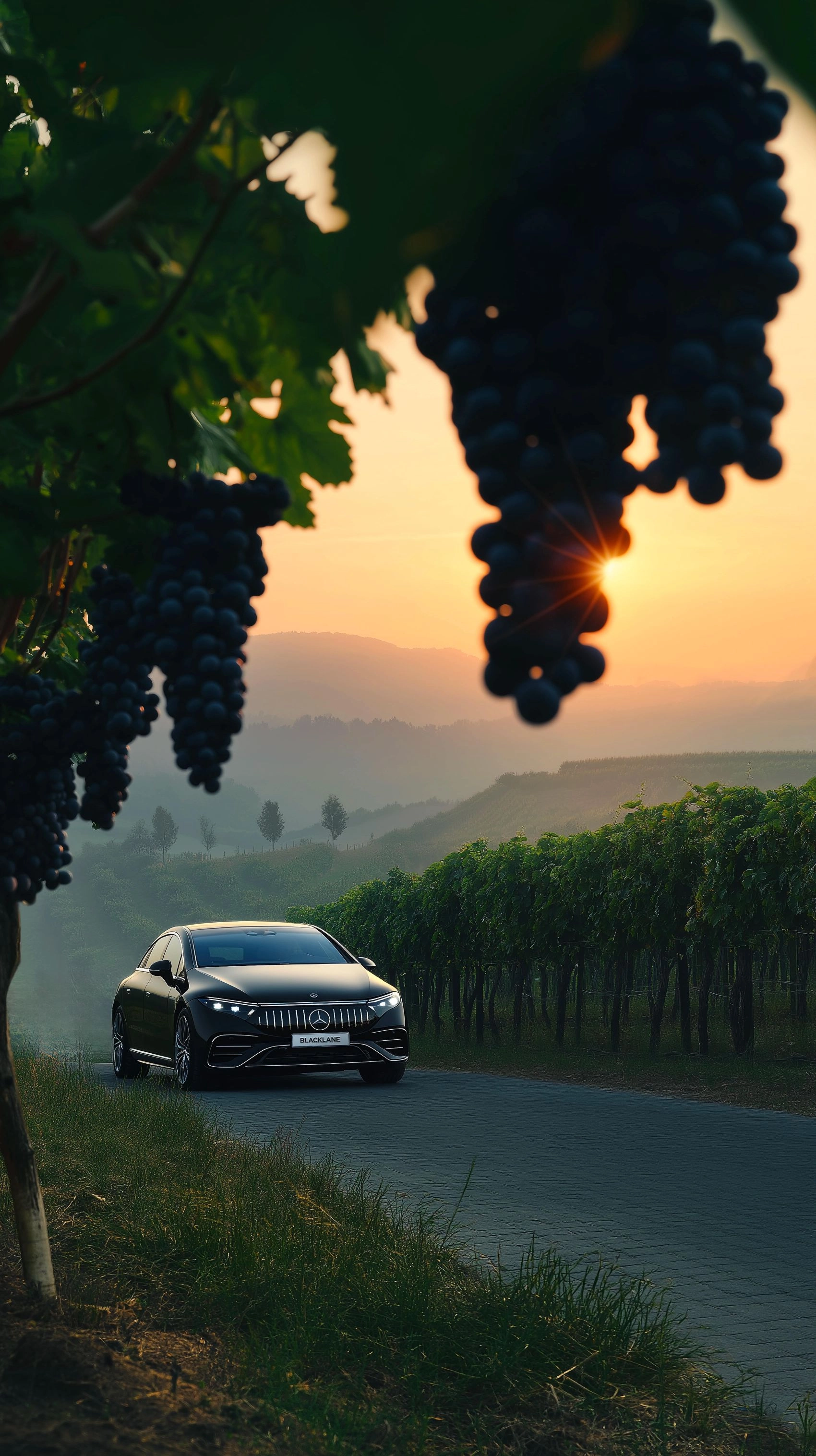A Blacklane Mercedes limo speeds past some vineyards at sunset.