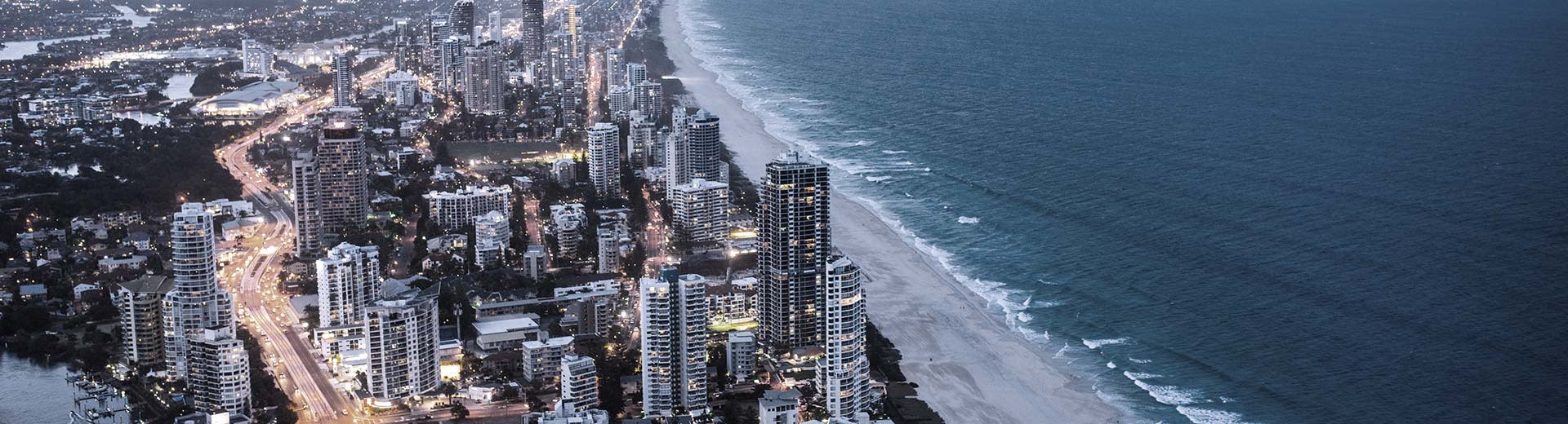 The high-rise buildings of Gold Coast stretch out along the gorgeous shoreline.