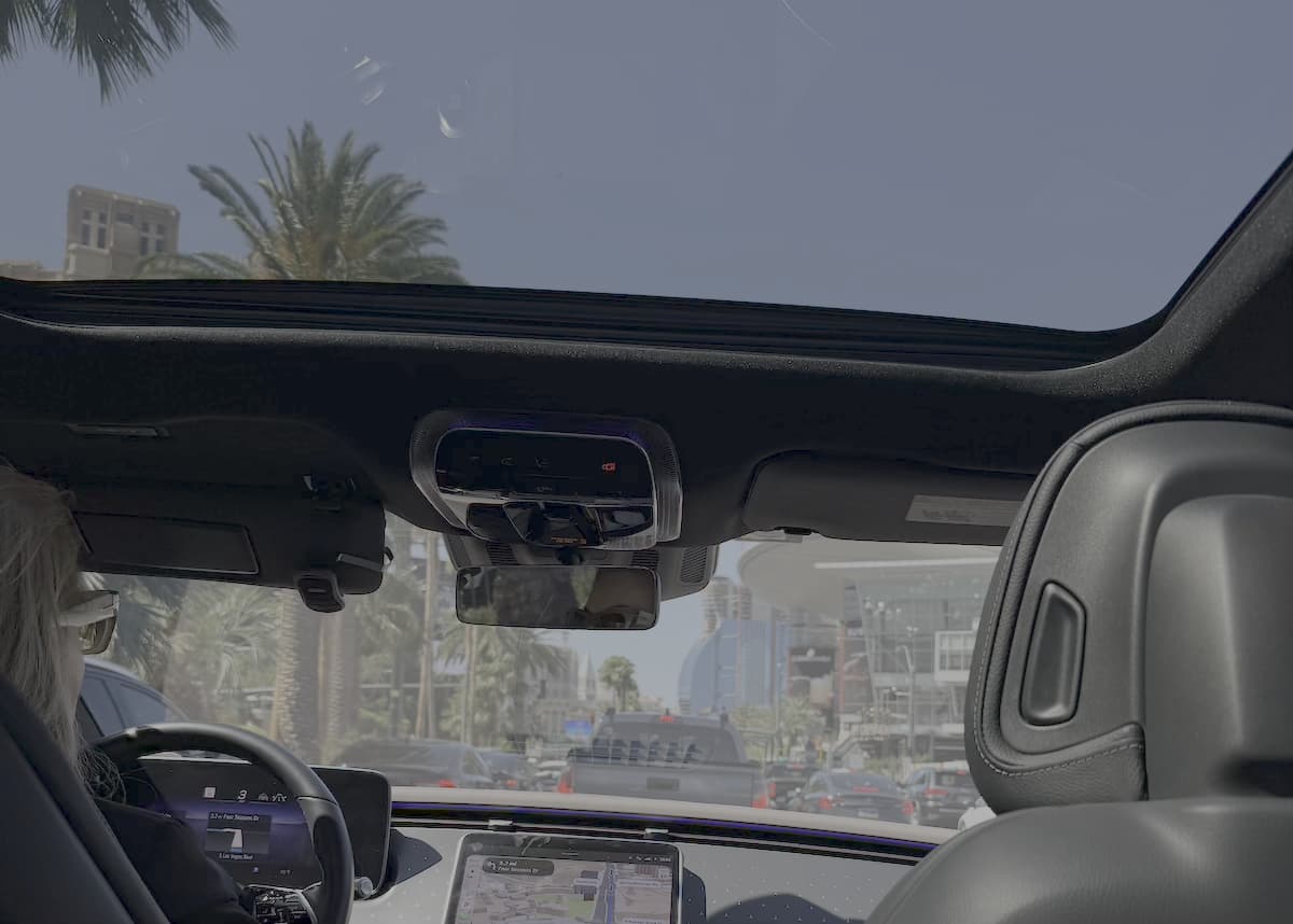 View of the Las Vegas Strip and palm trees shot from the backseat of a Blacklane luxury limo.