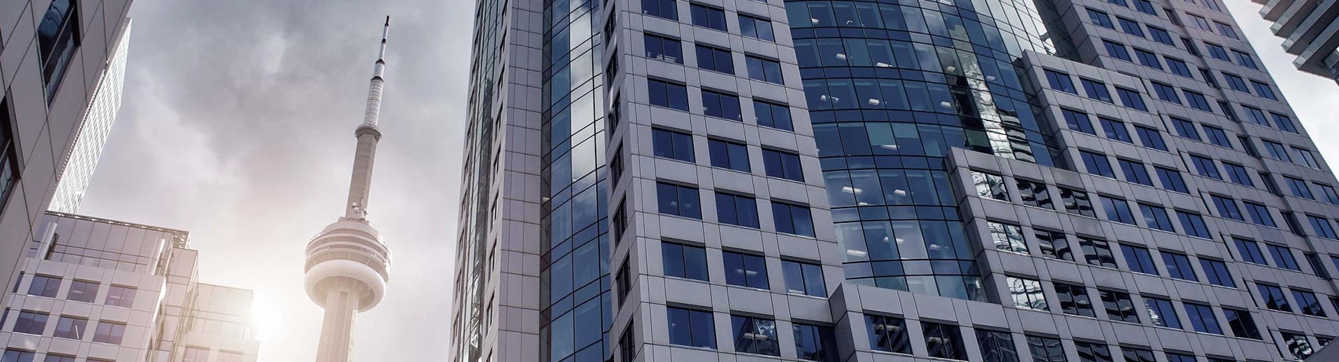 En primer plano hay un rascacielos bastante genérico, mientras que la famosa torre CN se cierne en la distancia.