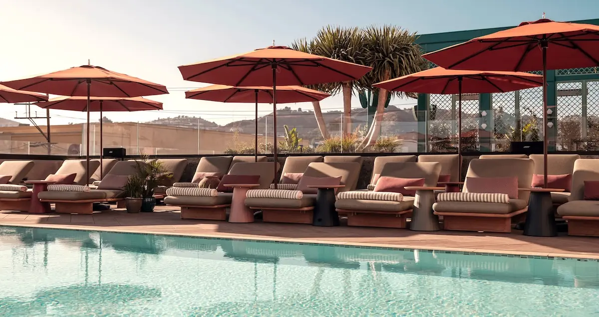 Shot of the swimming pool and poolside sun loungers at Heimat private members' club in LA.