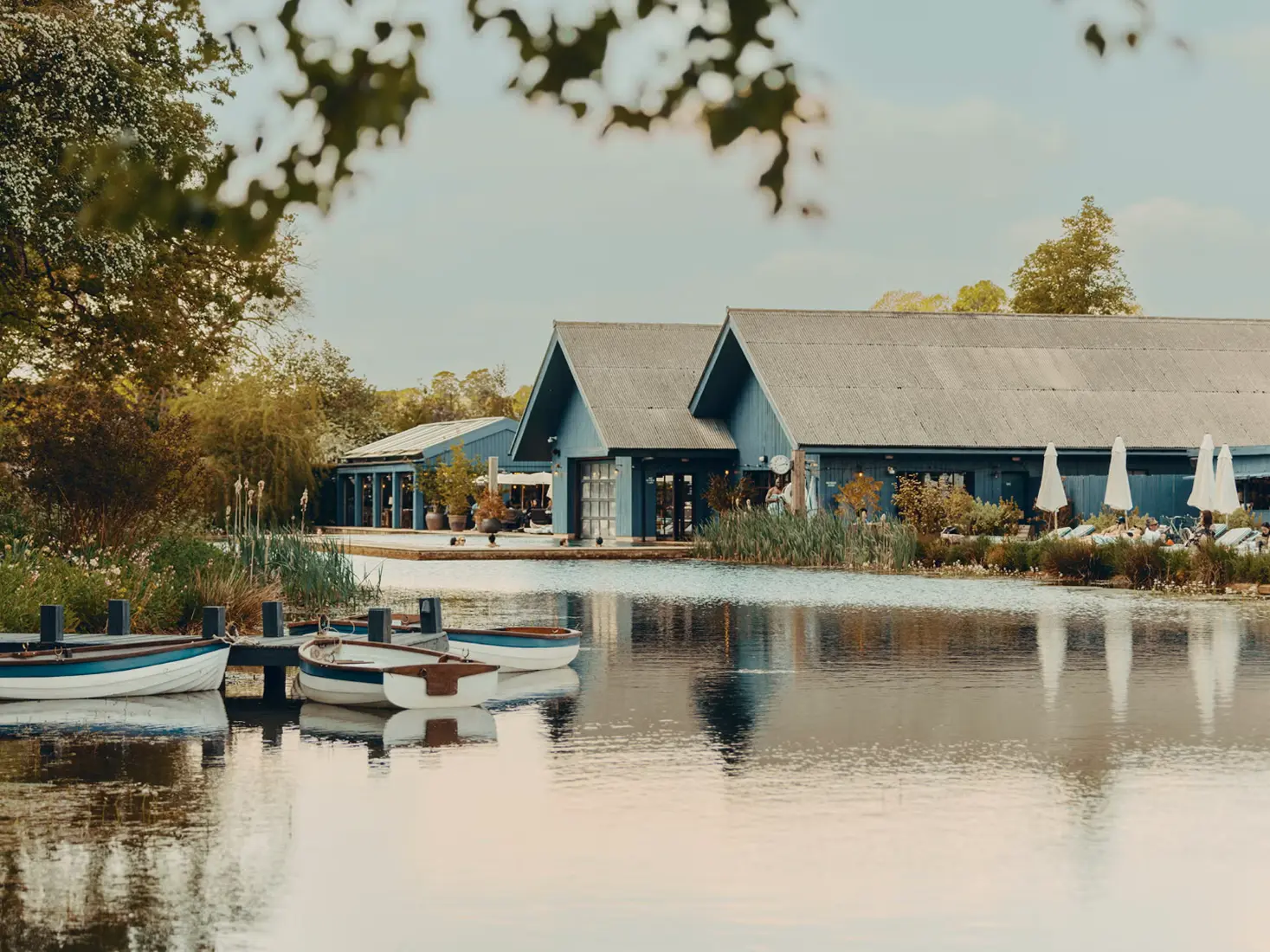 Rowboats on the lake with Soho Farmhouse spa hotel in the background, including its outdoor pool.