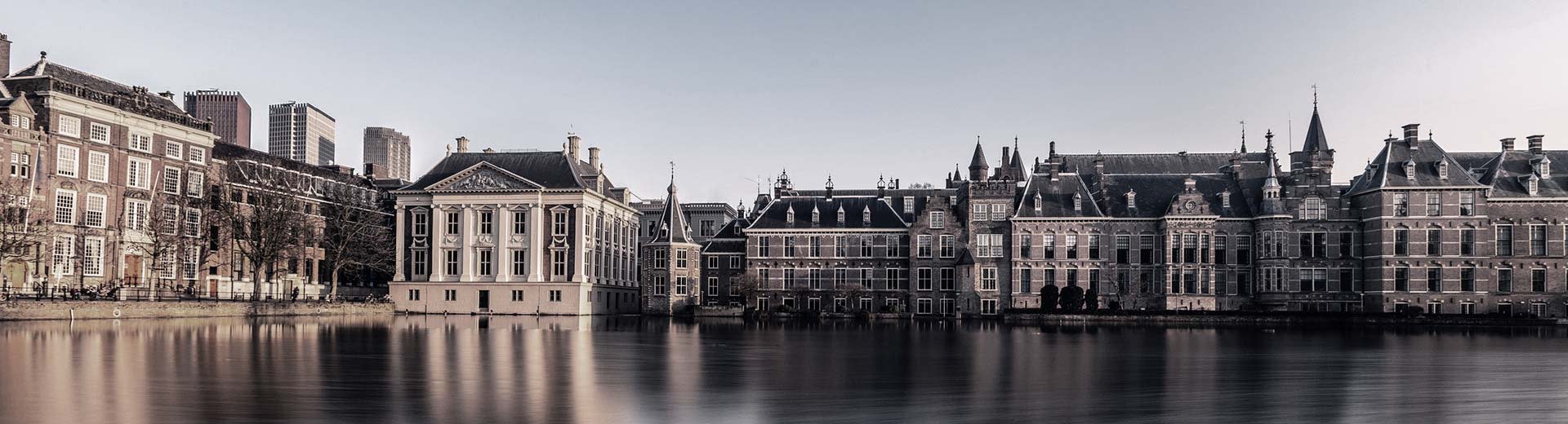 Behind a body of water in The Hague are an assortment of beautiful, historic buildings under a clear and bright sky.