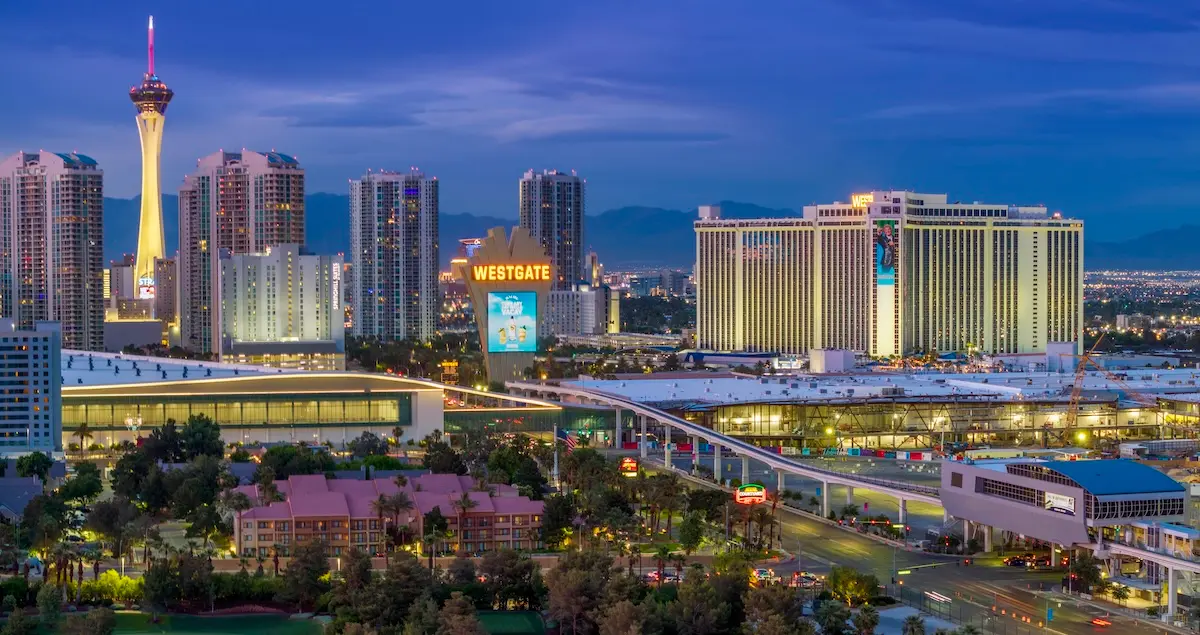 Shot of the Vegas Skyline showing Westgate and the Las Vegas Monorail in the middleground.