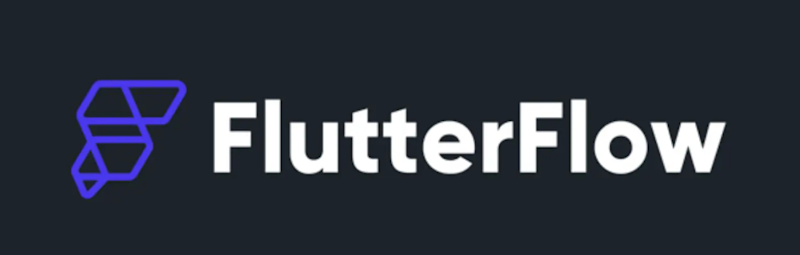 Flutterflow written in white on a black background with a purple logo on the left side
