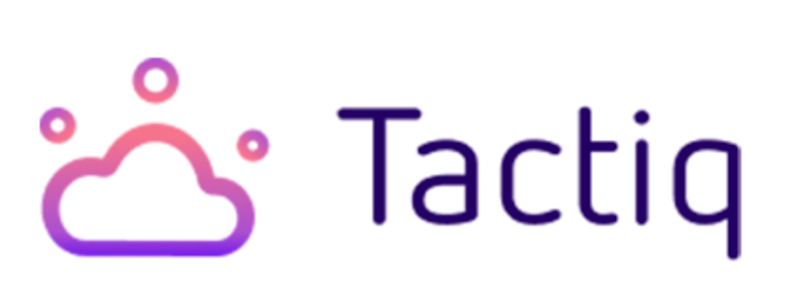 Tactiq written in navy blue on a white background with a purple and pink cloud on the left side