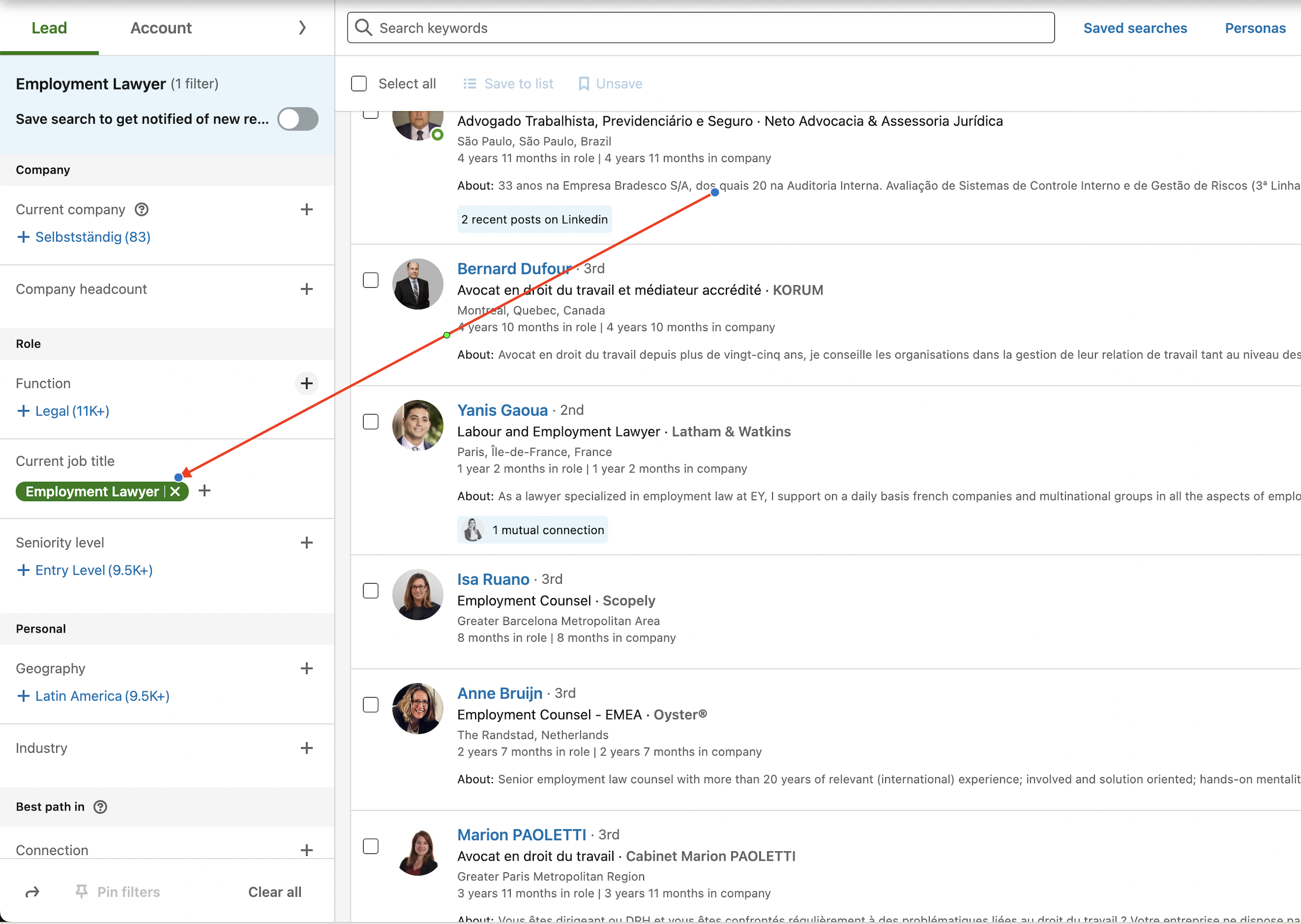 LinkedIn sales navigator screenshot to find marketing managers email addresses