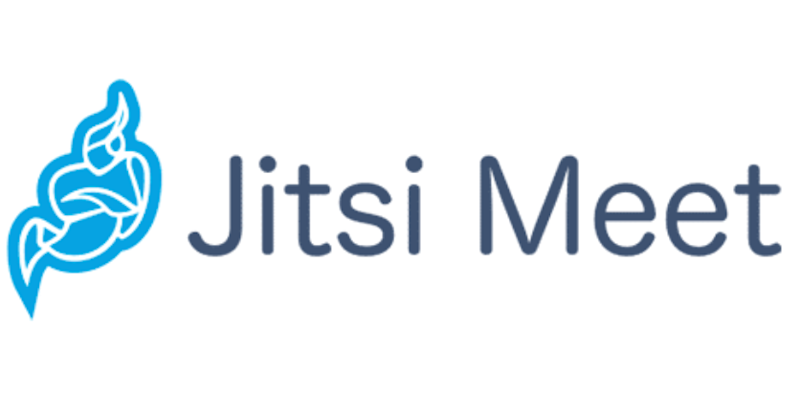 Jitsi Meet ecris en noir sur fond blanc et a cote un logo bleu clair