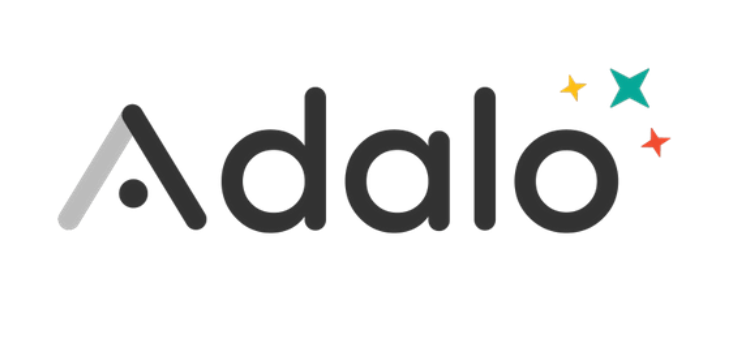 Adalo written in black and gray on a white background with three colored stars