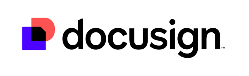 Docusign written in black on a white background with a small pink and purple logo next to it.