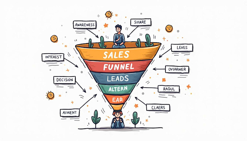 Drawing of a funnel placed on a person's head, with a man and cacti inside and a list of words (interests, decisions, etc.) around it.