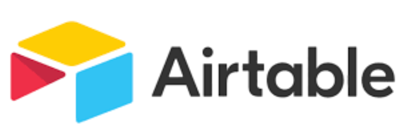 Airtable is written in black on a white background with a logo next to it representing a table colored blue, yellow, and red.
