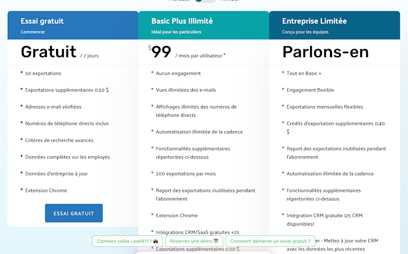 Palette de prix de Lead411