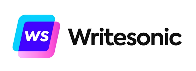 Writesonic writes in black on a white background and on the left side a W and an S in pink, light blue, and blue squares.