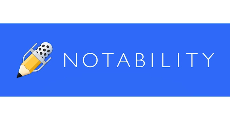 Notability ecris en blanc sur fond bleu et a coté un petit crayon