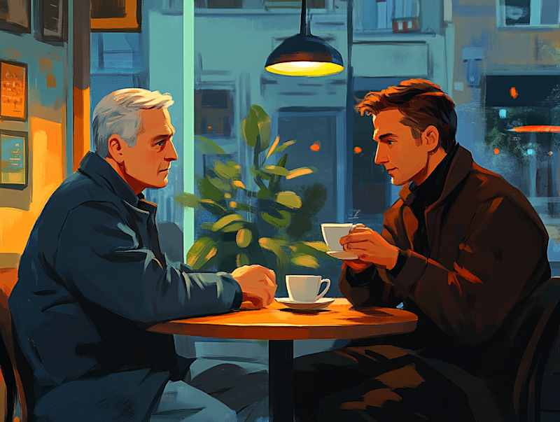 illustration de de deux homme autour d'un cafe