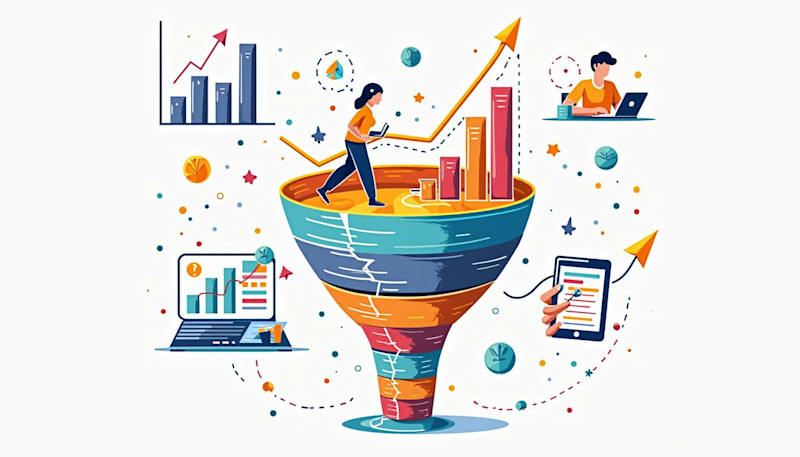 Drawing of a funnel with a woman inside and a graph, surrounded by a telephone, a computer, a graph, and a woman on a computer.