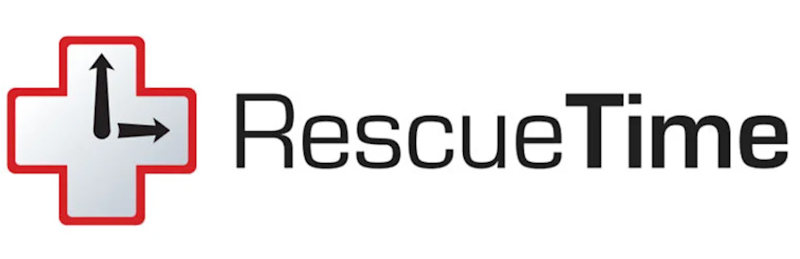 Rescue time ecris en noir sur fond blanc et a cote une horloge rouge et noire