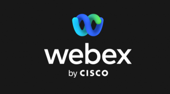 Webex by Cisco ecris en blanc sur fond noir et dessus un logo bleu et vert