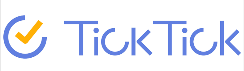TickTick written in blue on a white background with a blue and yellow clock on the left side