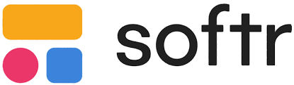 Softr write in black on a white background and on the left side a rectangle, a square, and a colored circle