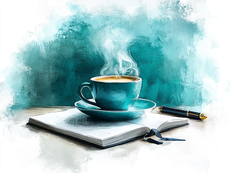 Tasse de café fumante posée sur table à côté d'un carnet et d'un stylo