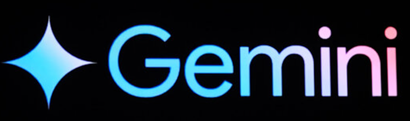 Gemini written in shades of blue and pale pink on a black background