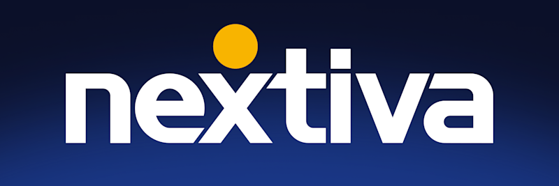 Nextiva written in white on a black and navy blue gradient background with a yellow circle above it