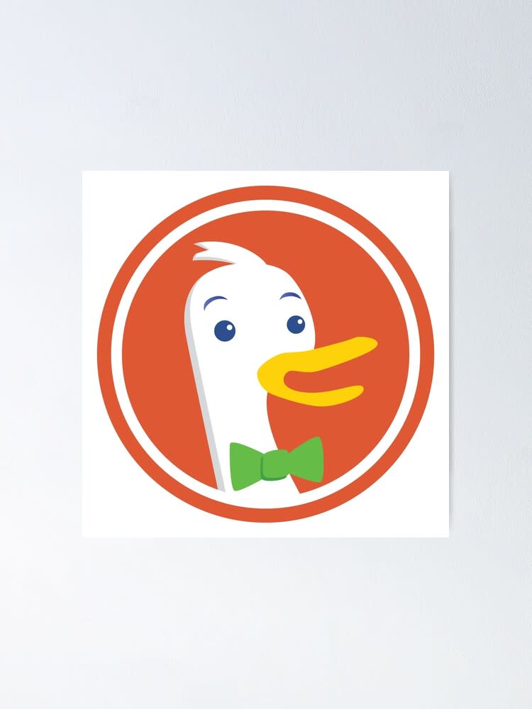 Drawing of a white duck with a green bow tie in an orange circle