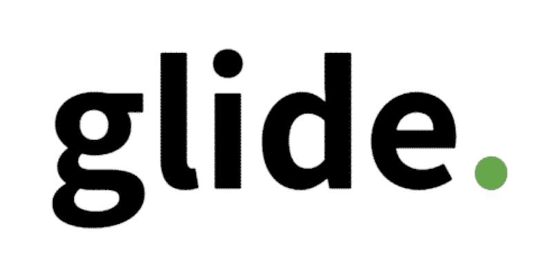 Glide written in black on a white background with a green dot on the right side