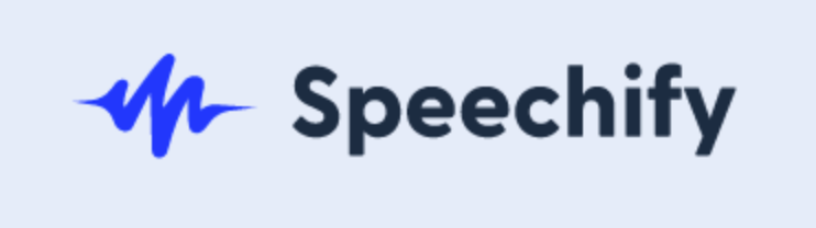 Speechify is written in black on a gray background with a blue logo on the left side.