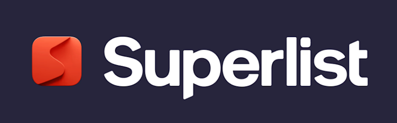 Superlist written in white on a navy blue background with a red square logo on the left side.