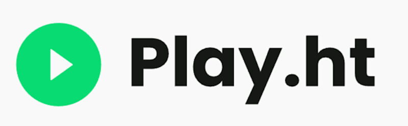Play.HT ecris en noir sur fond blanc et sur le cote gauche un cercle vert avec un triangle blanc dedans