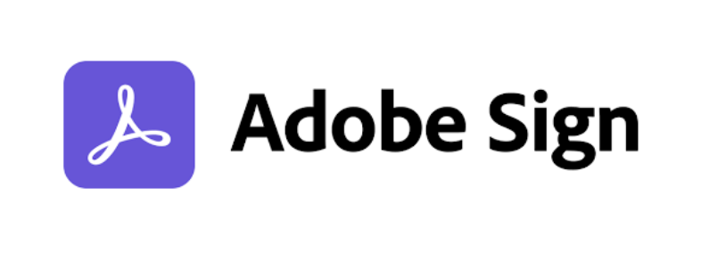 Adobe Sign is written in black on a white background with a purple and white square logo next to it.